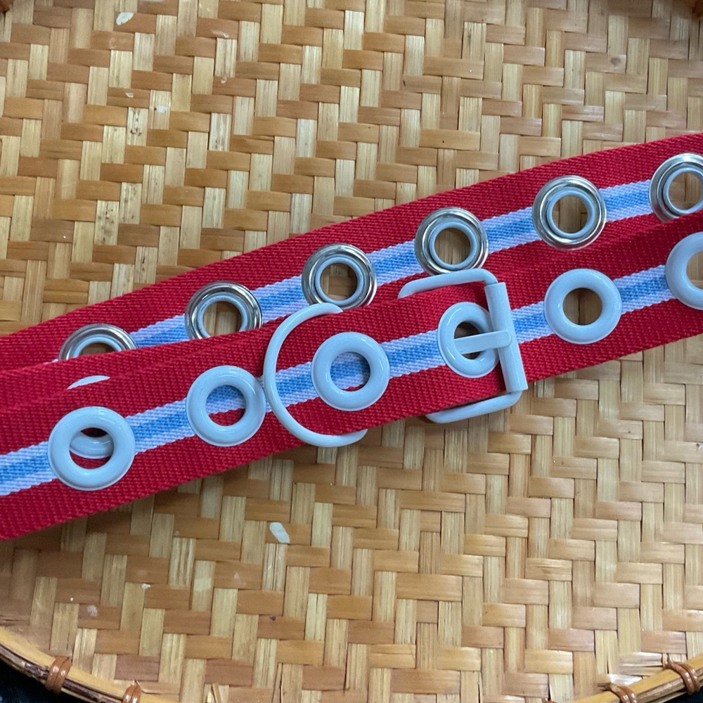 Red and Blue Geometric Pattern Belt with Metallic Accents